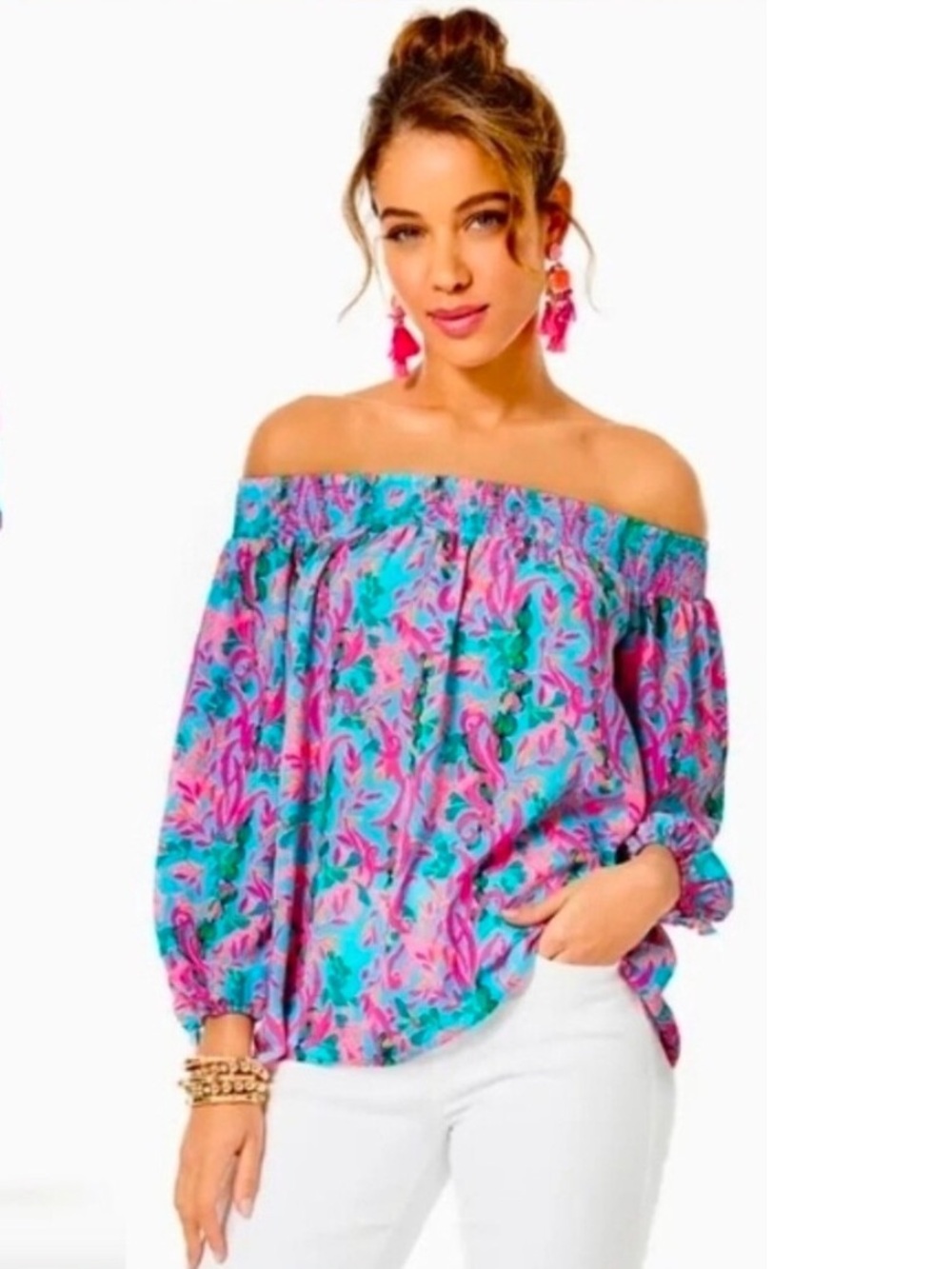 Lilly Pulitzer Maryellen Teal & Pink Off Shoulder Multi Seaweed Samba Top - XS